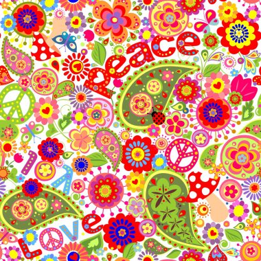 Hippie childish colorful wallpaper with mushrooms and poppies clipart