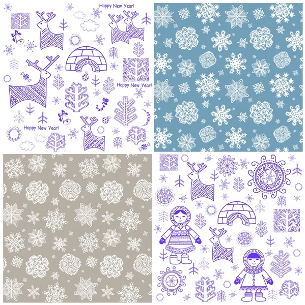 Collection of new years wallpaper with snowflakes, reindeers, inuit and igloo — Stock Vector