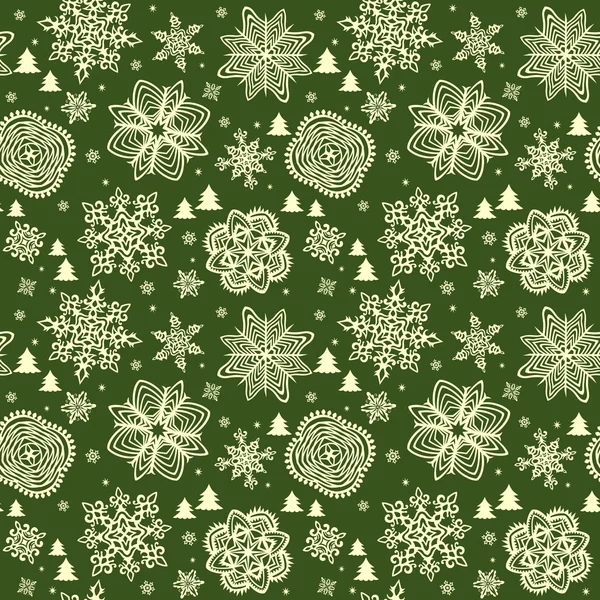 Fondo de pantalla de invierno verde con copos de nieve dorados — Archivo Imágenes Vectoriales