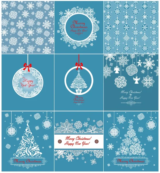 Colección de saludos de Navidad azul con copos de nieve de papel — Vector de stock