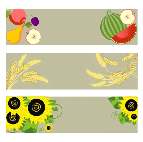 Herfst banners met watermeloen, tarwe en zonnebloemen — Stockvector