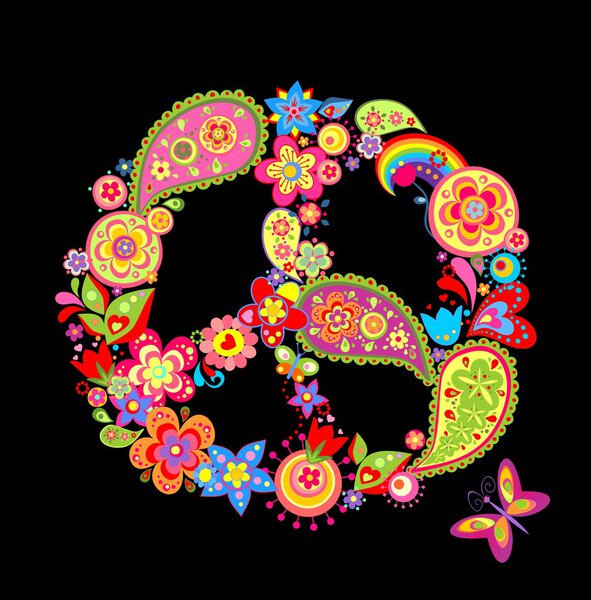 Print with peace flower symbol with flowers and paisley
