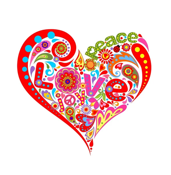 Corazón abstracto hippie con patrón floral colorido — Vector de stock