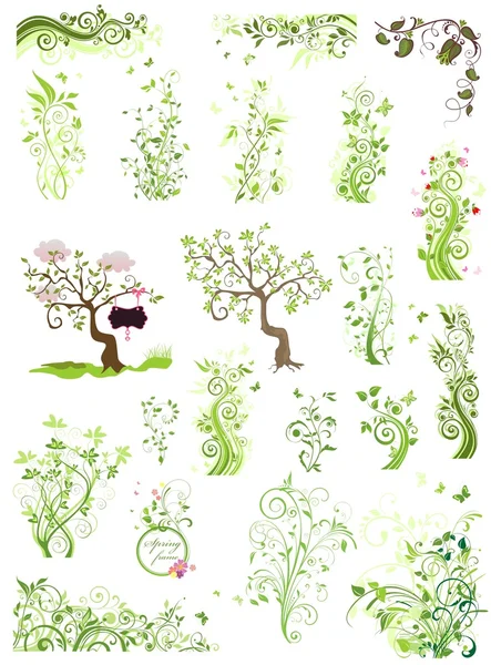 Set of spring green floral design elements — Stock Vector