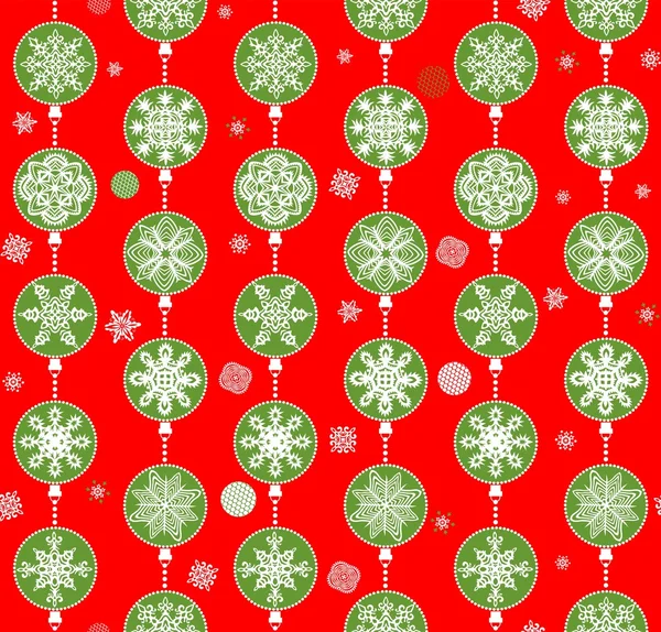 Natal papel de parede vermelho com papel pendurado bugigangas com flocos de neve — Vetor de Stock