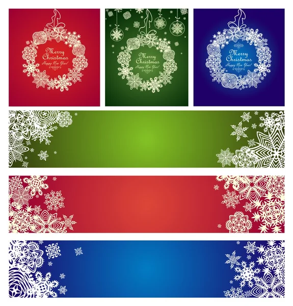 Csoportja, zöld, piros és kék díszítéssel papír hópelyhek téli ünnepek — Stock Vector