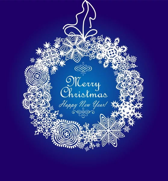 Carte bleue de Noël avec couronne de flocons de neige en papier suspendu — Image vectorielle