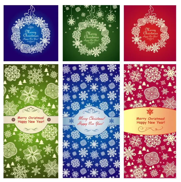 Set of xmas red, blue and green labels with paper snowflakes — Stock Vector