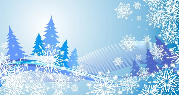 Banner de invierno con copos de nieve y coníferas — Vector de stock