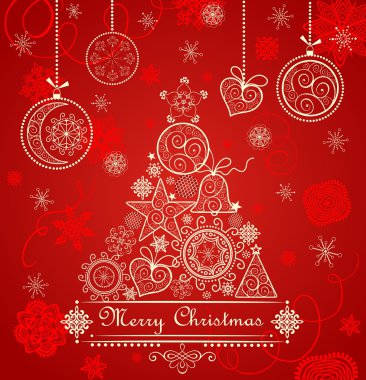 Altın dantelli kozalaklı ve baubles asılı Vintage kırmızı Noel kartı