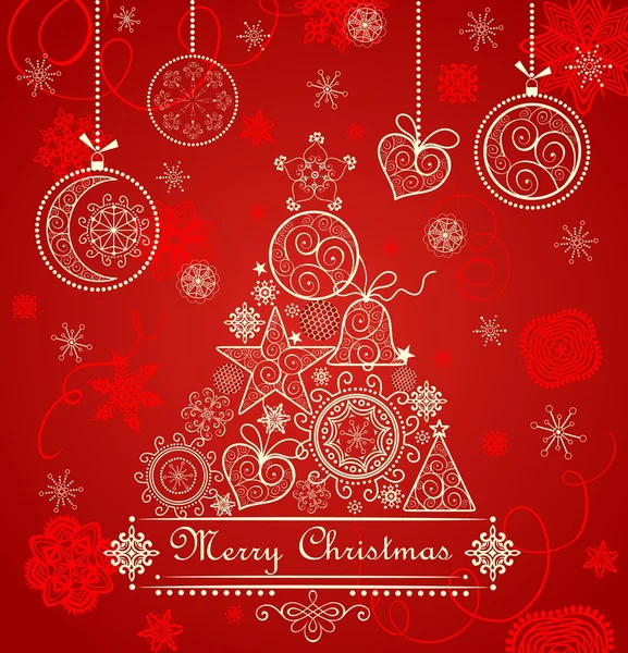 老式的红色圣诞贺卡与金色花边的针叶树和挂的小玩意 — 图库矢量图片