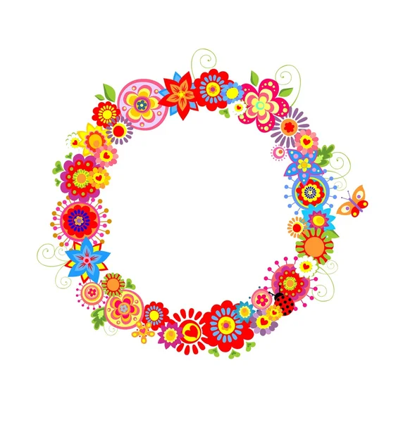 Spring wreath with funny flowers — Stock Vector