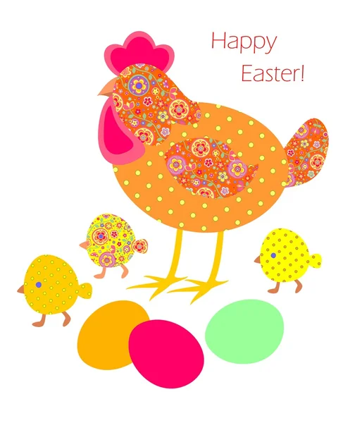 Funny easter apliklique with hen, paint eggs and chicken - Stok Vektor