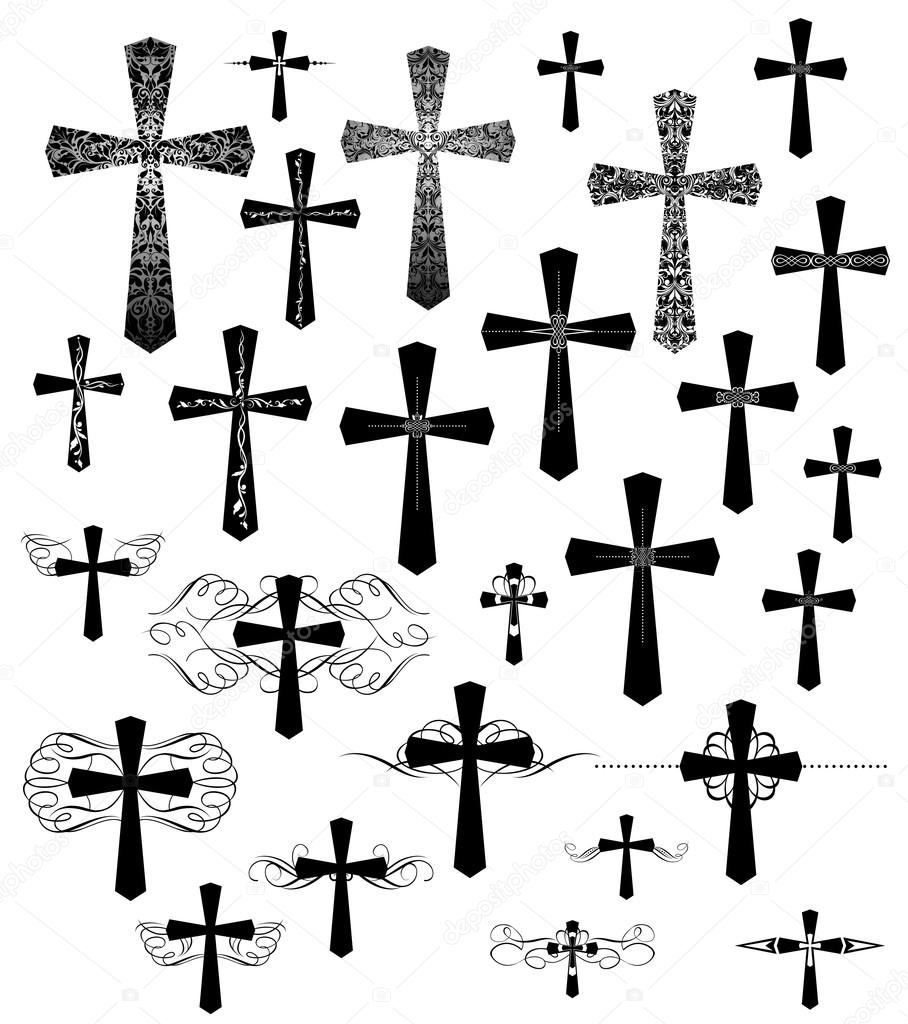 Set of vintage engraving crosses with flourishes