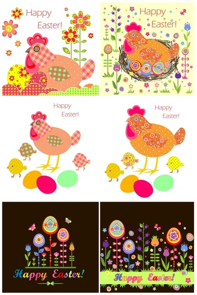 Apliques de Pascua con gallina, huevos y pollo — Archivo Imágenes Vectoriales