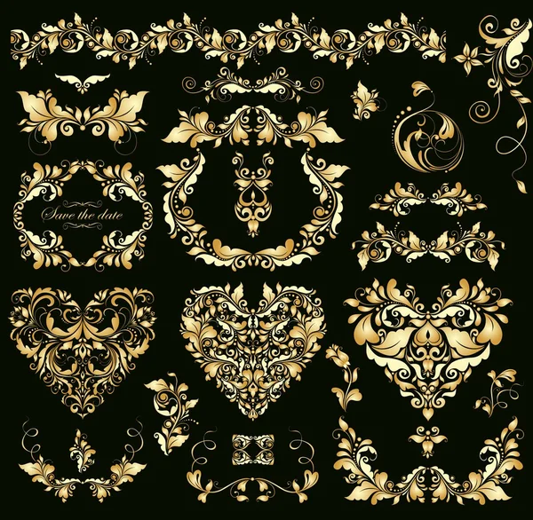 Diseño floral vintage dorado con formas de corazón para invitaciones de boda — Vector de stock