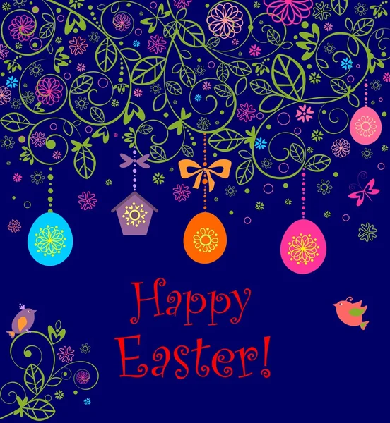 Tarjeta de Pascua con huevos colgantes, pajareras y pajaritos — Vector de stock