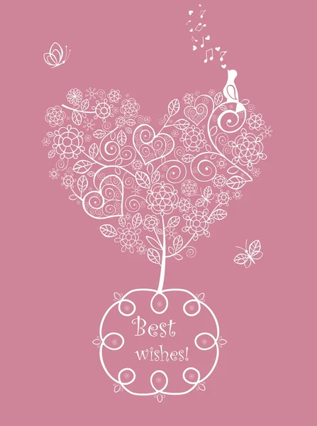 Pink beautiful wedding card with lacy tree — Stock Vector