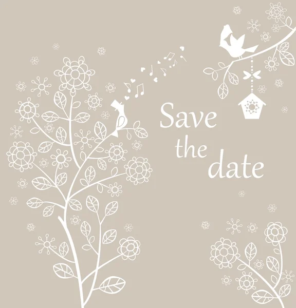 婚礼粉彩卡与可爱的小鸟和美丽的花边树 — 图库矢量图片
