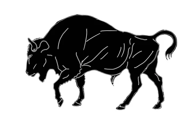 在白色背景上被隔离的古代风格的黑公牛 — 图库照片