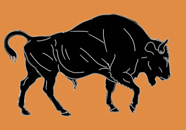 オレンジの背景に隔離されたアンティークスタイルで黒牛を描きました — ストック写真