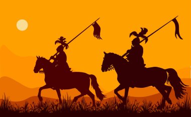 Gökyüzü ve tepelerin renkli arka planında iki atlı şövalyenin izole edilmiş siyah siluetleri.