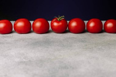 Koyu arkaplanda kırmızı domates çizgisi. Organik sağlıklı yiyecekler. Çiğ domates. Taze sebze.