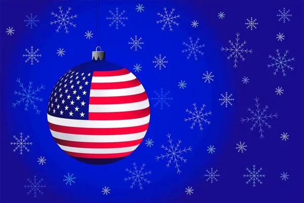 Nieuwjaarskaart Blauwe Kerstbal Met Usa Vlag Vectorillustratie — Stockvector