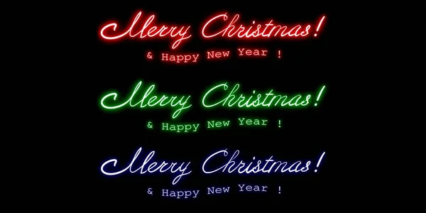 圣诞快乐 新年快乐 霓虹灯用不同颜色的手绘书法隔绝在黑色的背景 横幅或海报的设计 — 图库照片