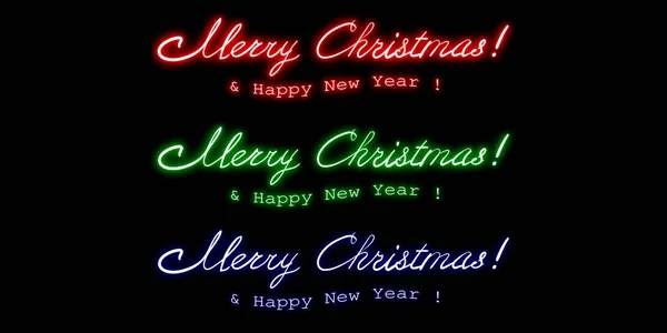 Joyeux Noël Bonne Année Lettrage Néon Différentes Couleurs Calligraphie Dessinée — Image vectorielle