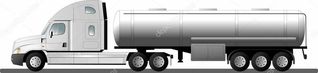 Vector realistic template of tank truck isolated on white. Modern Ameikan truck. Road transport