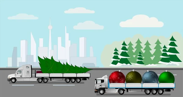 Movimiento Camiones Carretera Fuera Ciudad Transporte Mercancías Para Navidad Año — Archivo Imágenes Vectoriales