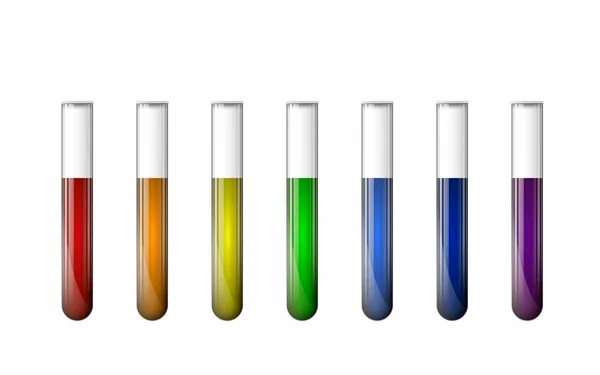 白色底座上装有多种颜色液体的一组化学试管 说明1 — 图库照片