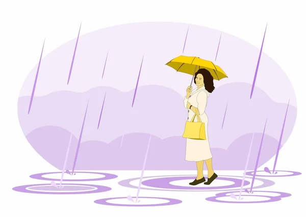 Beautiful Woman Umbrella Stepping Puddles Pouring Rain Vector Flat Illustration — Stock Vector