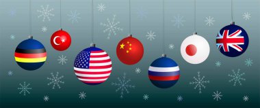 Ekonomik kalkınmanın liderleri olan ülkelerin bayraklarını tasvir eden bir dizi Noel ağacı süslü Noel kartı. Vektör illüstrasyonu