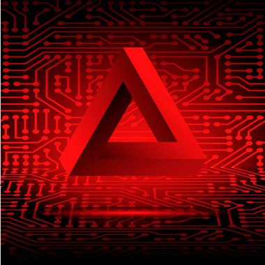 Kırmızı Penrose üçgeni. Modern fütürist elektronik devre kartı arka planı. Vektör illüstrasyonu