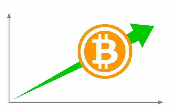 Bitcoin Símbolo Moeda Com Uma Tendência Alta Flecha Verde Conceito — Vetor de Stock