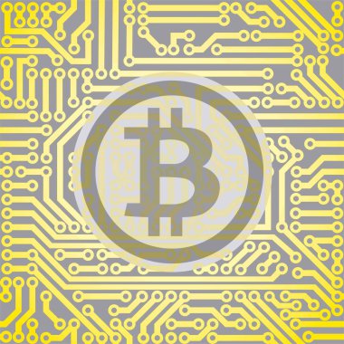 Elektronik kripto para birimi kavramı. Devre kartında Bitcoin işareti var. Vektör fütüristik çizim. Sanal para birimi.