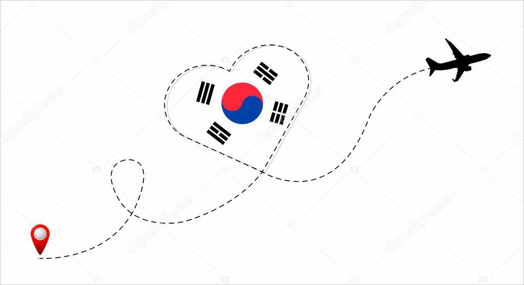 Airplane flight route with the Republic of Korea flag inside the heart. Travel to your beloved country. Vector flat illustration.