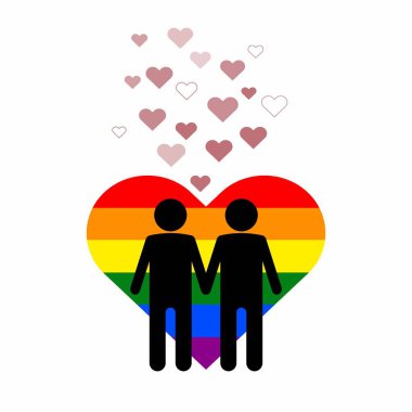LGBT kalplerinin arka planında iki erkek simgesi var. Homoseksüellik kavramı. Vektör düz resimleme.
