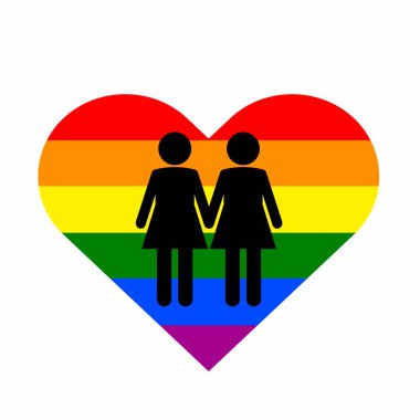 LGBT kalbinin arka planında iki kadın simgesi var. Homoseksüellik kavramı. Vektör düz resimleme.