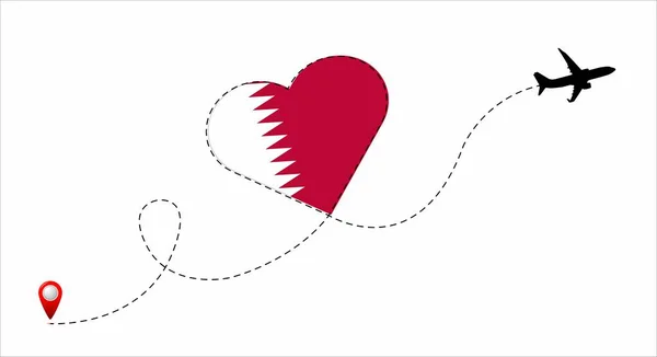 Trasa Lotu Samolotem Katarską Flagą Sercu Podróż Ukochanego Kraju Wektor — Wektor stockowy