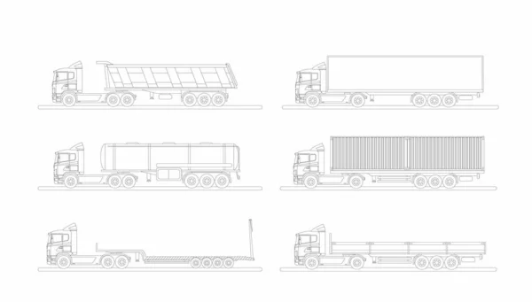 Zestaw Obrazów Nowoczesnej Europejskiej Ciężarówki Różnymi Wariantami Naczep Ilustracja Wektora — Wektor stockowy