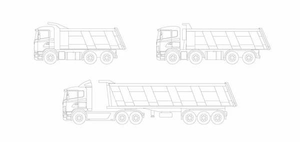 Uppsättning Schematiska Skildringar Dumprar För Transport Bulklaster Med Lyftkapacitet Och — Stock vektor