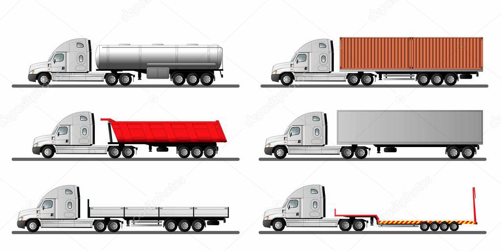 Set of images of a modern American truck with different variants of semi-trailers isolated on a white background