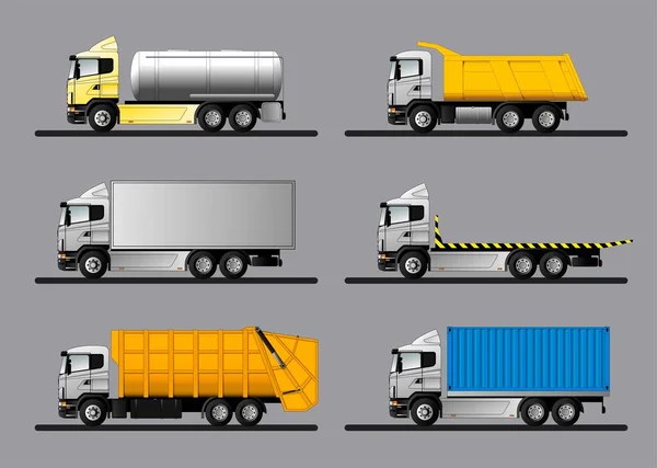 Variantes Camiones Europeos Modernos Para Transporte Diversas Mercancías Ilustración Plana — Vector de stock