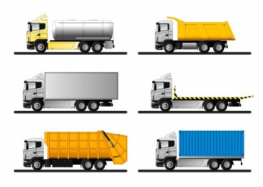 Çeşitli malların nakliyesi için modern Avrupa kamyonlarının çeşitleri. Yan görünüm