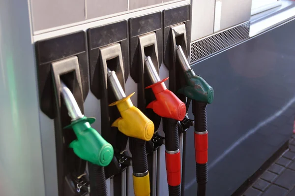 Fuel Dispenser Gas Station Hoses Dispensing Guns Different Types Fuel — Stock Photo, Image