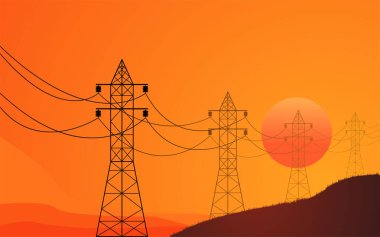 Batan güneşin arka planına karşı yüksek voltajlı elektrik hattı. Düz vektör illüstrasyonu.