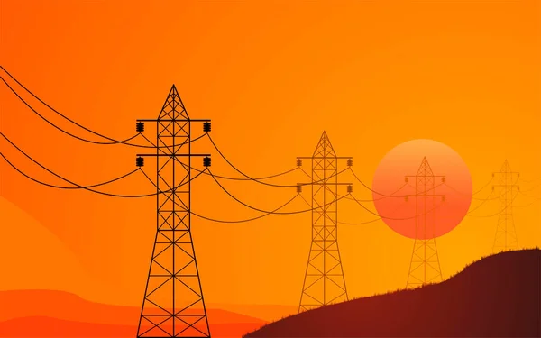 Batan Güneşin Arka Planına Karşı Yüksek Voltajlı Elektrik Hattı Düz — Stok Vektör